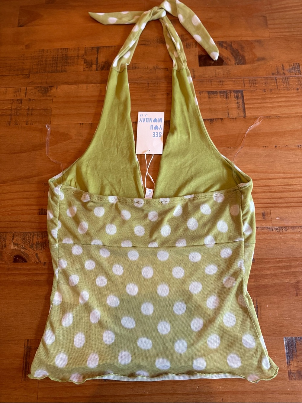 NWT - Y2K Mesh Women’s Halter Polka Dot Tank Top - Light Green - Picture 2 of 5